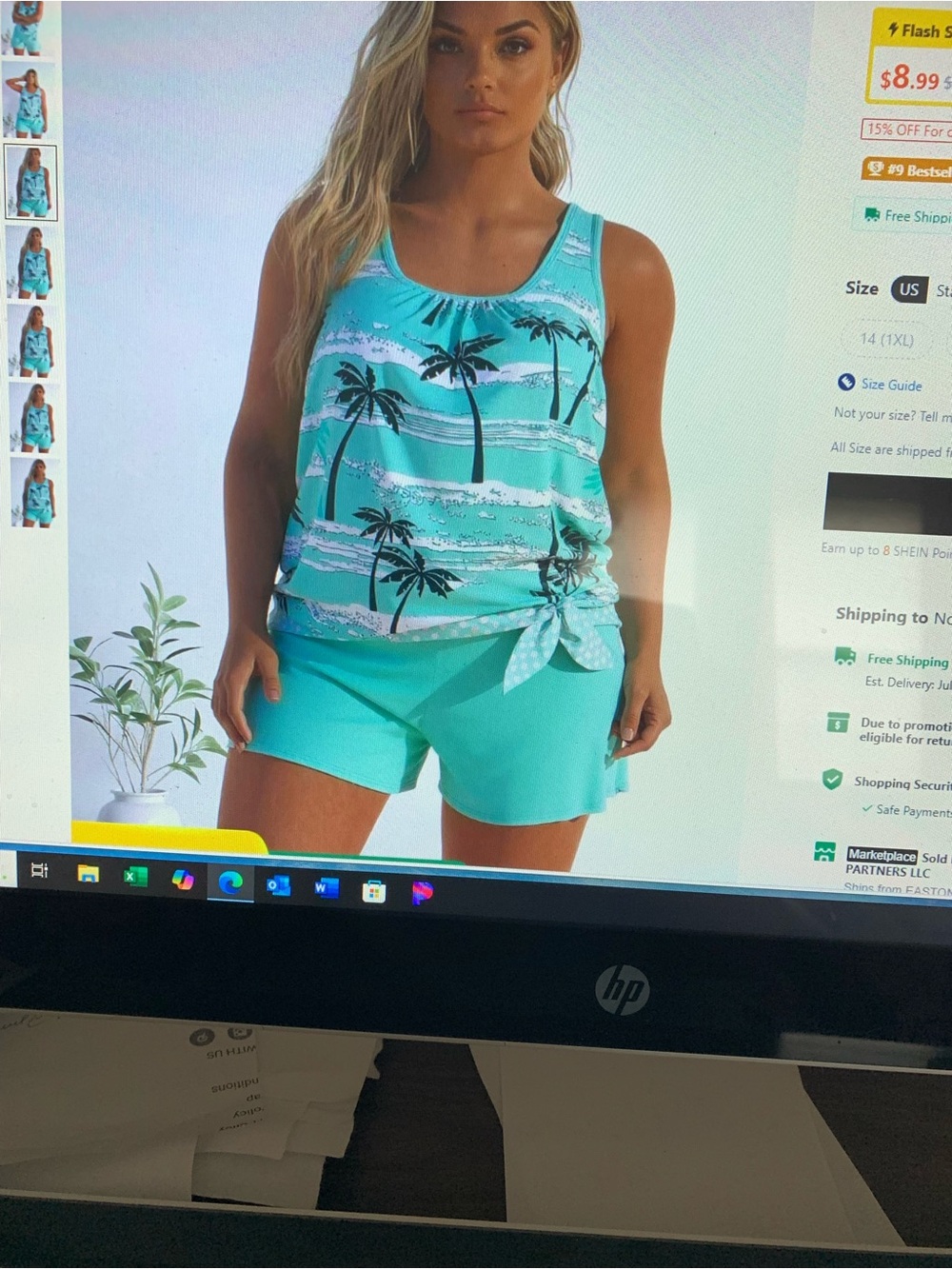 SHEIN CURVE NEW 2 PIECE TANKINI BODY  SHORT PALM-TREE PRINT GREEN BATHING SUIT